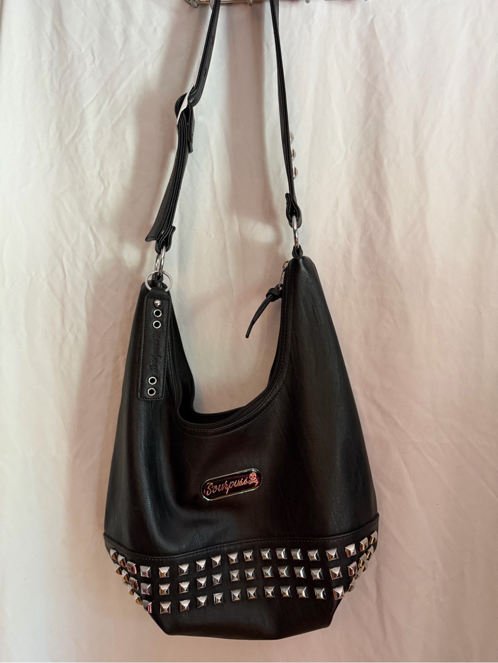 Black Studded Hobo Shoulder Bag by Sourpuss